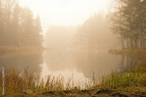 Misty morning at the river in the countryside