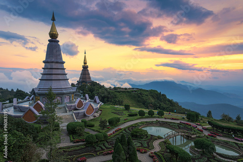 Landscape of two pagoda on the top of Inthanon mountain, Chiang Mai, Thailand. © weerasak
