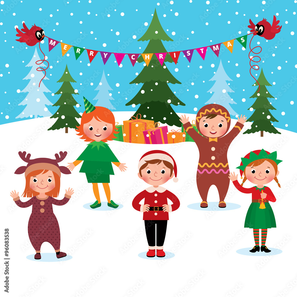 Children celebrate Christmas and New Year/Cartoon vector illustration of a group of children celebrate Christmas and New Year