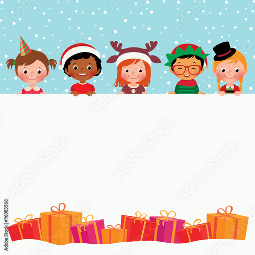 Group of children in costumes and Christmas gifts/Stock vector illustration of Christmas Card Children in holiday costumes and gifts