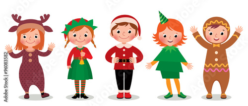 Fototapeta Naklejka Na Ścianę i Meble -  Group of children in costumes Christmas/Cartoon vector illustration of a Group of children in christmas costume isolated on white background