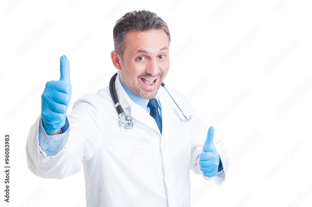 Excited doctor or medic showing double like gesture Excited doctor or medic showing double like gesture