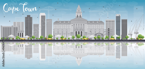 Cape town skyline with grey buildings, blue sky and reflection. Some elements have transparency mode different from normal