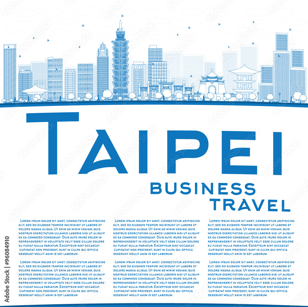 Outline Taipei skyline with blue landmarks and copy space. Some elements have transparency mode different from normal