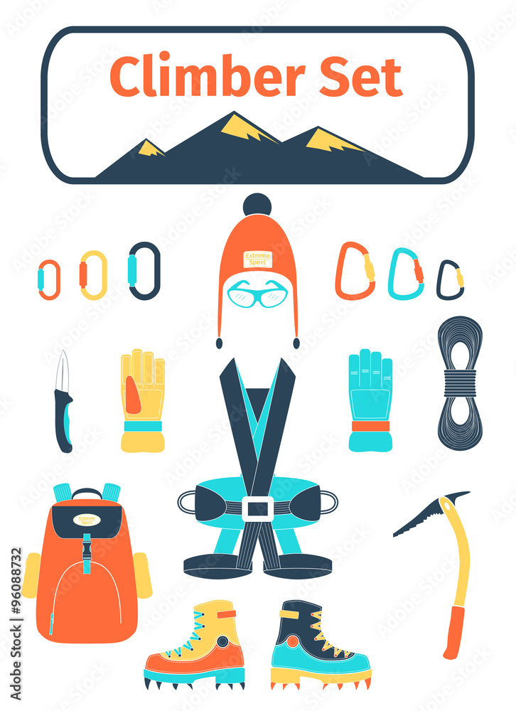 Climber icons set with equipment