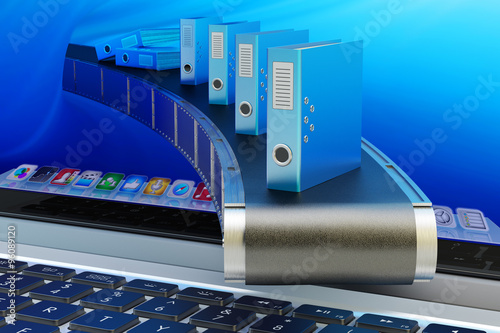 Automate electronic document management system and office workflow process concept, folders with data on conveyor belt from computer screen