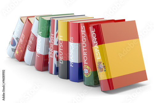 Foreign languages learn and translate education concept, books with covers in colors of national flags of world countries isolated on white