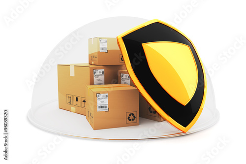 Freight cargo insurance and purchases protection concept, stack of packages under the shield, isolated on white
