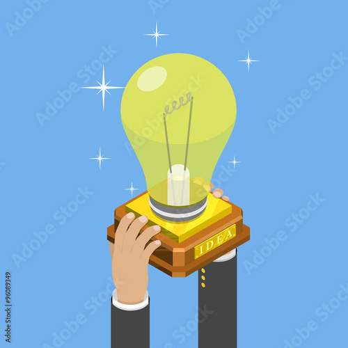 Big idea isometric flat vector concept. Mans hands take a trophy cup that looks like a lightbulb on pedestal.