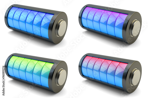 Full charge power level concept, alkaline battery accumulator charging indicator icons set isolated on white