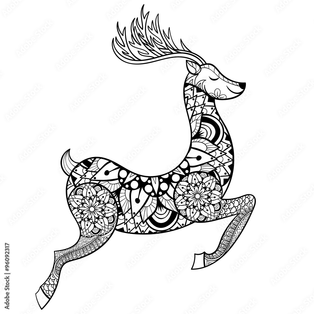 Fototapeta premium Zentangle vector Reindeer for adult anti stress coloring pages.