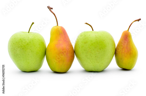 Green apples and ripe pears isolated on white background
