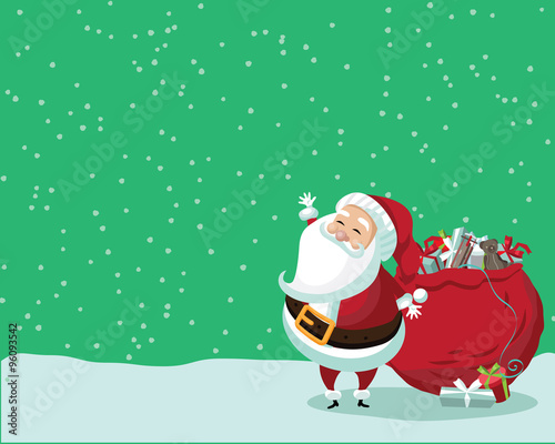 Cute Santa Claus standing in the snow with a bag of gifts. With space for your copy. Royalty free illustration.