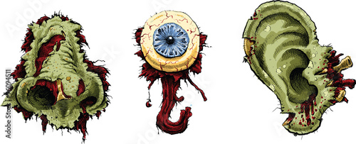 Cartoon illustration of dismembered zombie body parts including a nose, eye and ear.