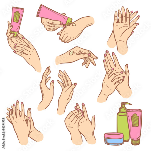 Applying cream hands flat icons composition