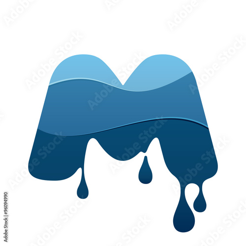 M letter logo with blue water and drops.