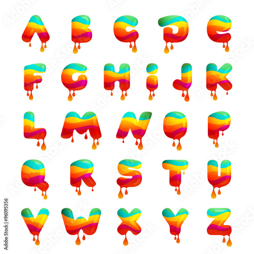 Alphabet with juice splash, waves and drops.