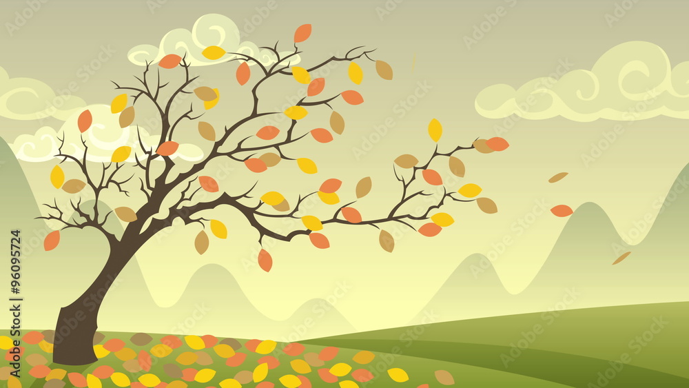Autumn Landscapes / Cartoon autumn landscape with falling leaves.