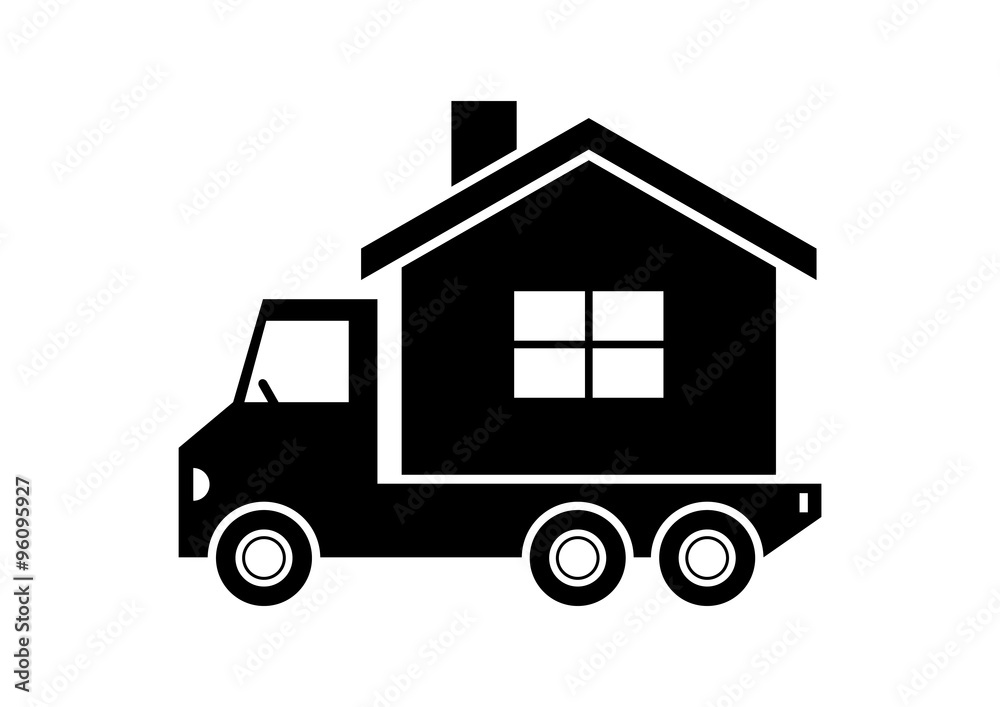 Black truck with house on white background Black truck with house on white background