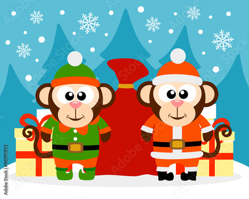 Happy New Year card with monkey santa claus and monkey elf © dicraftsman