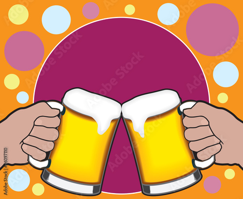 Two beer mugs joining together in a celebratory toast with room for copy in the colorful background