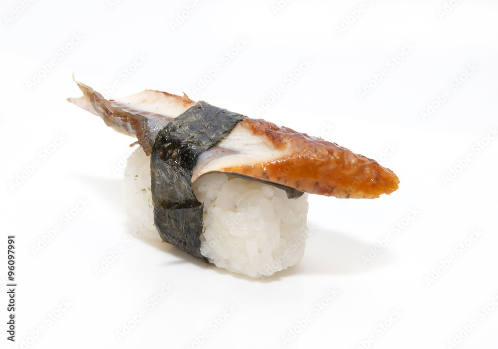 plate of sushi beautifully decorated with salad and fruit on a white background plate of sushi beautifully decorated with salad and fruit on a white background
