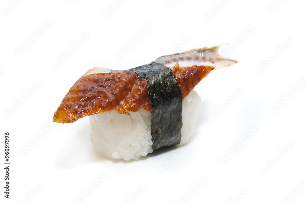 plate of sushi beautifully decorated with salad and fruit on a white background plate of sushi beautifully decorated with salad and fruit on a white background