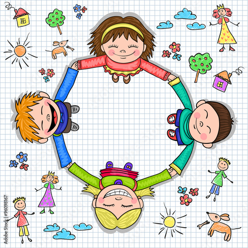 Circle of kids holding hands, vector illustration