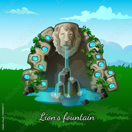 Fountain with a lion head on nature background