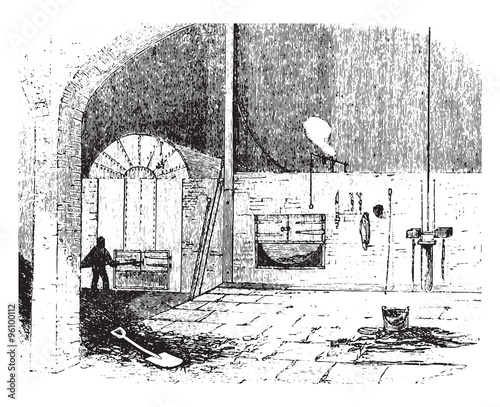 Furnace at the city saw mills, vintage engraving.