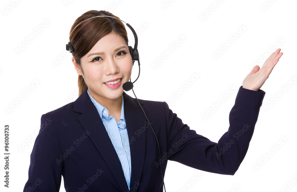 Customer services operator with open hand palm Customer services operator with open hand palm