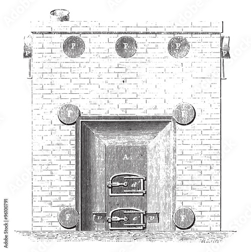 Front view of the basement furnace, vintage engraving.