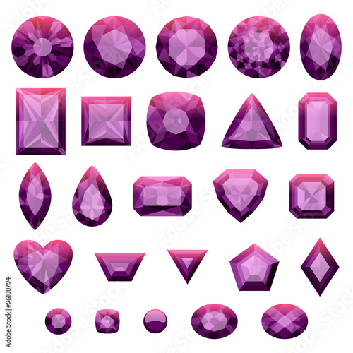 Set of realistic purple jewels. Amethysts.
