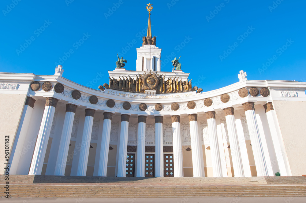 Moscow, Russia-November 06: The central pavilion of VDNKh with a 35-metre spire on the top, November 06,2015 in Moscow. Its interior once featured a huge illuminated map of the USSR.