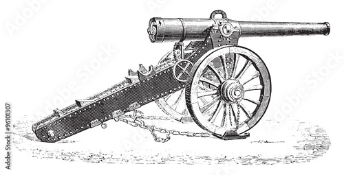 Canon 155mm mountain 1877 model, vintage engraving.