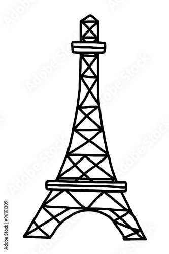 Eifel tower / cartoon vector and illustration, black and white, hand drawn, sketch style, isolated on white background.