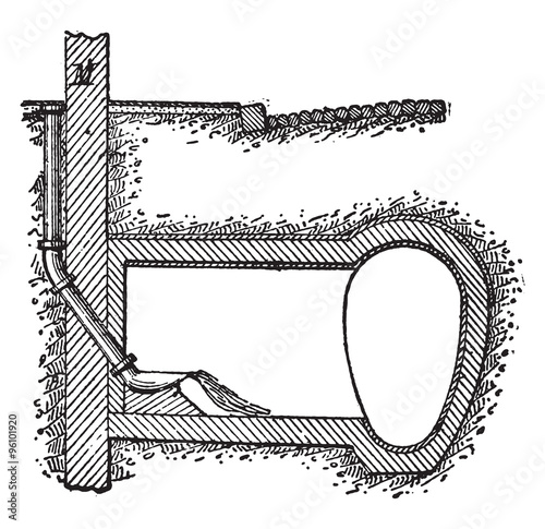 Flow to the sewer grey water, vintage engraving.