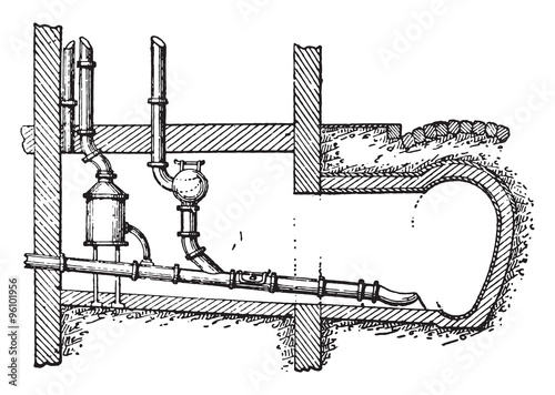 Private connection with the service for emptying, vintage engrav