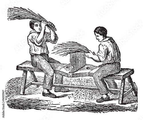 Workers fingering flax comb, vintage engraving.