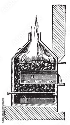Cupellation furnace, vintage engraving.