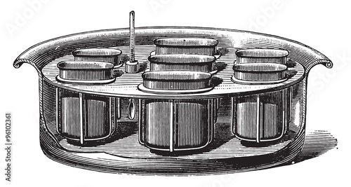 Boiler for dyeing tests, vintage engraving.