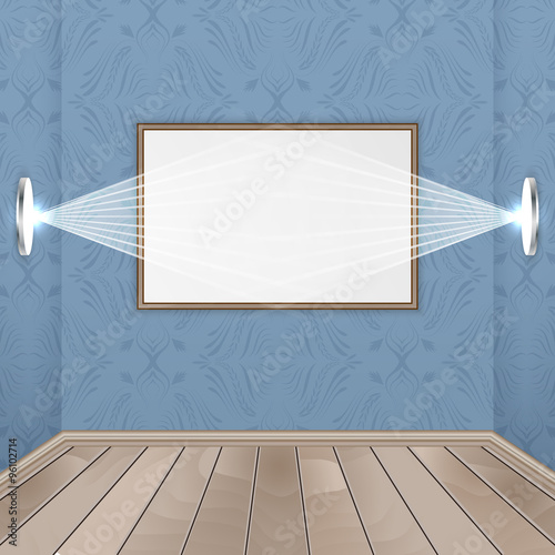 Interior rooms with wooden floor, image, spotlights and seamless wallpaper.