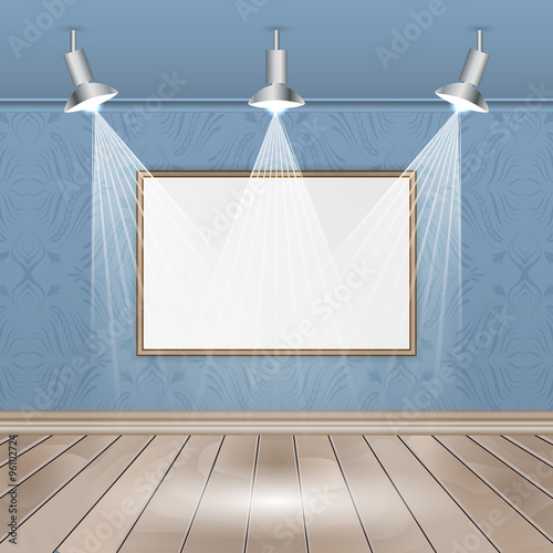 Empty interior rooms with image, sportlights, seamless wallpaper and wooden floor.