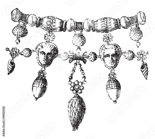 Fragment of necklace, vintage engraving.