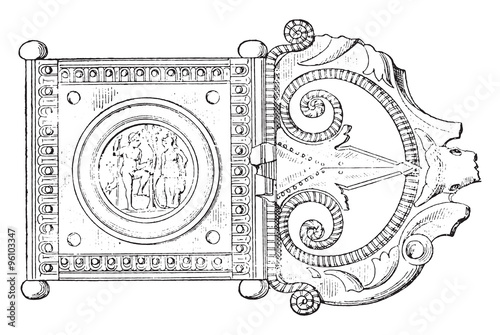 Silver buckle, vintage engraving.