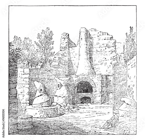 Bakery in Pompeii, vintage engraving.