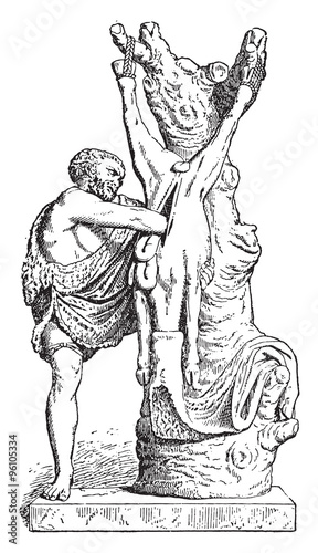 A butcher in antiquity, vintage engraving.