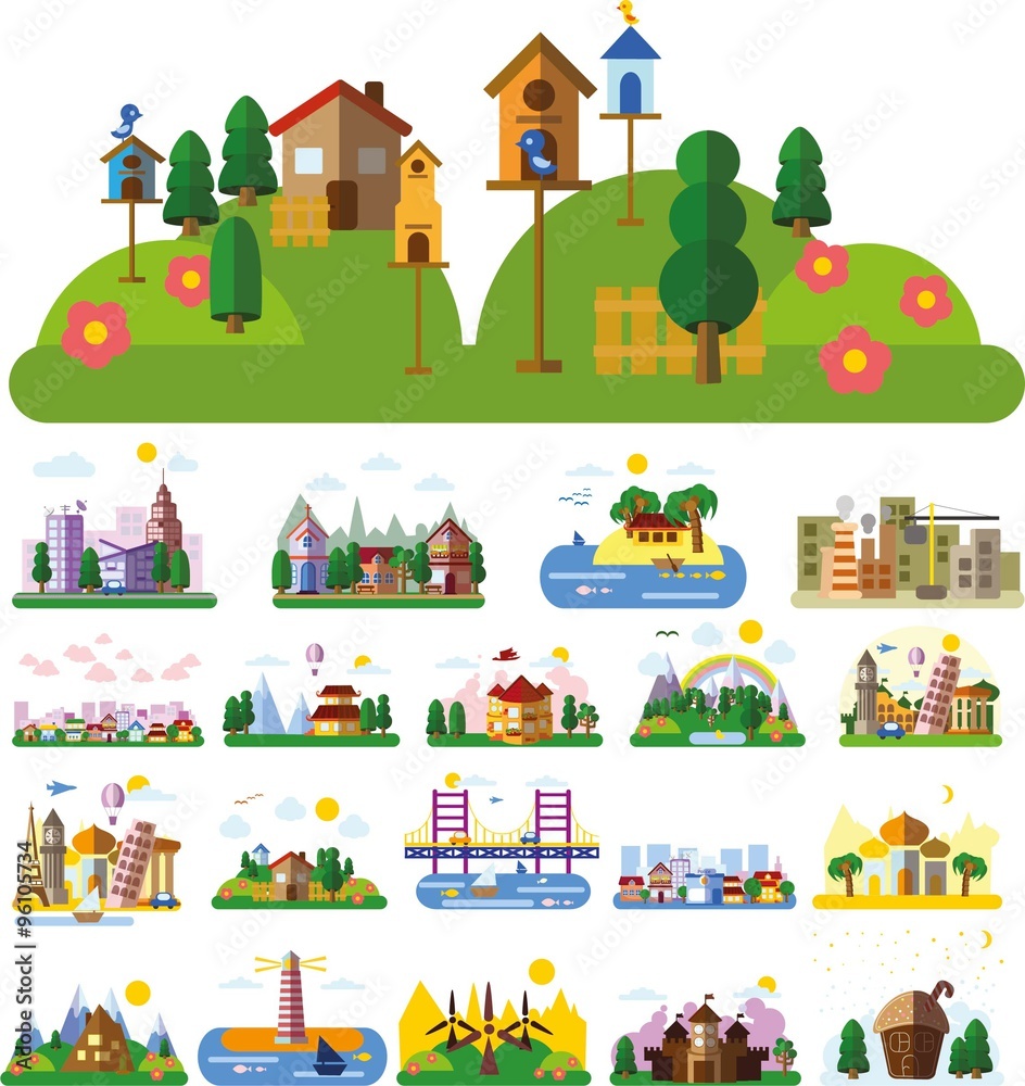 Set of different landscapes in the flat style - urban, rural, country, fabulous, city, mountain, travel and seascape 