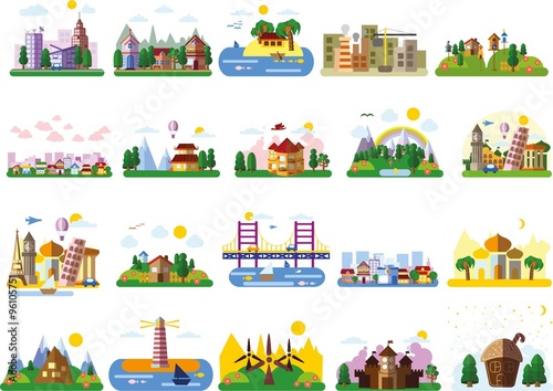 Set of different landscapes in the flat style - urban, rural, country, fabulous, city, mountain, travel and seascape 