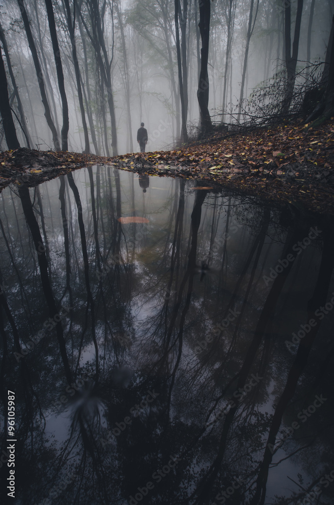 Fototapeta premium lake in forest with man reflection